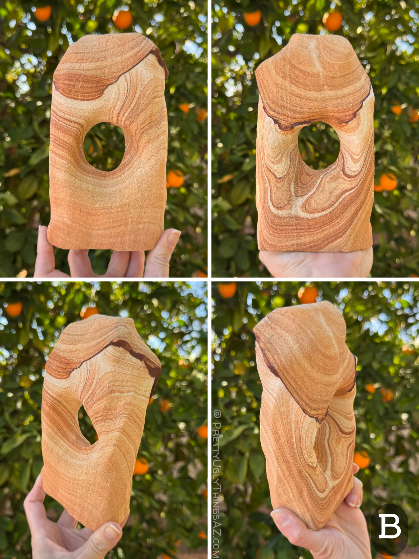 Four views of option B, a light-colored tall rounded rectangular arch with a round hole through the center. There is one thin dark iron band through the top of the piece, but otherwise it is all lighter yellow-red tones of layering. One side has excellent layering making a brittlestar-like formation.
