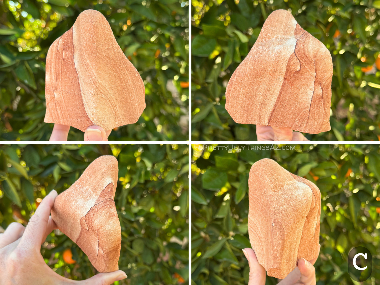 Four views of option C, an amorphous triangular blob coming to a rounded point. The piece is split nearly in half between lighter and darker red banding, with a few thin dark veins through it.