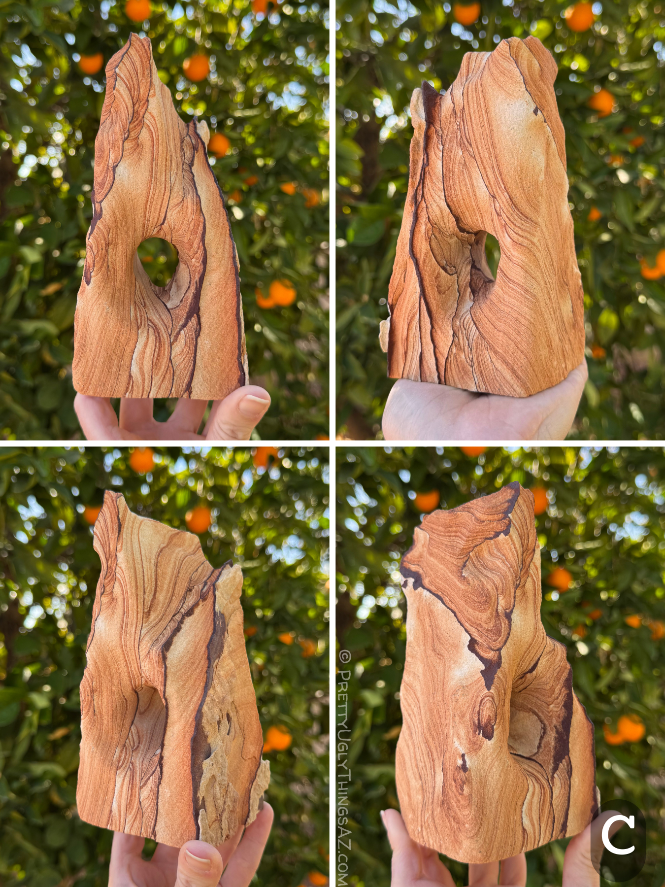 Four views of option C, a tall blocky off-center triangle with an irregular hole through the center. The piece has very good scallop patterning and layering emphasized with thin dark iron bands running through the piece vertically. One edge of the arch is covered in chunk unpatterned material.