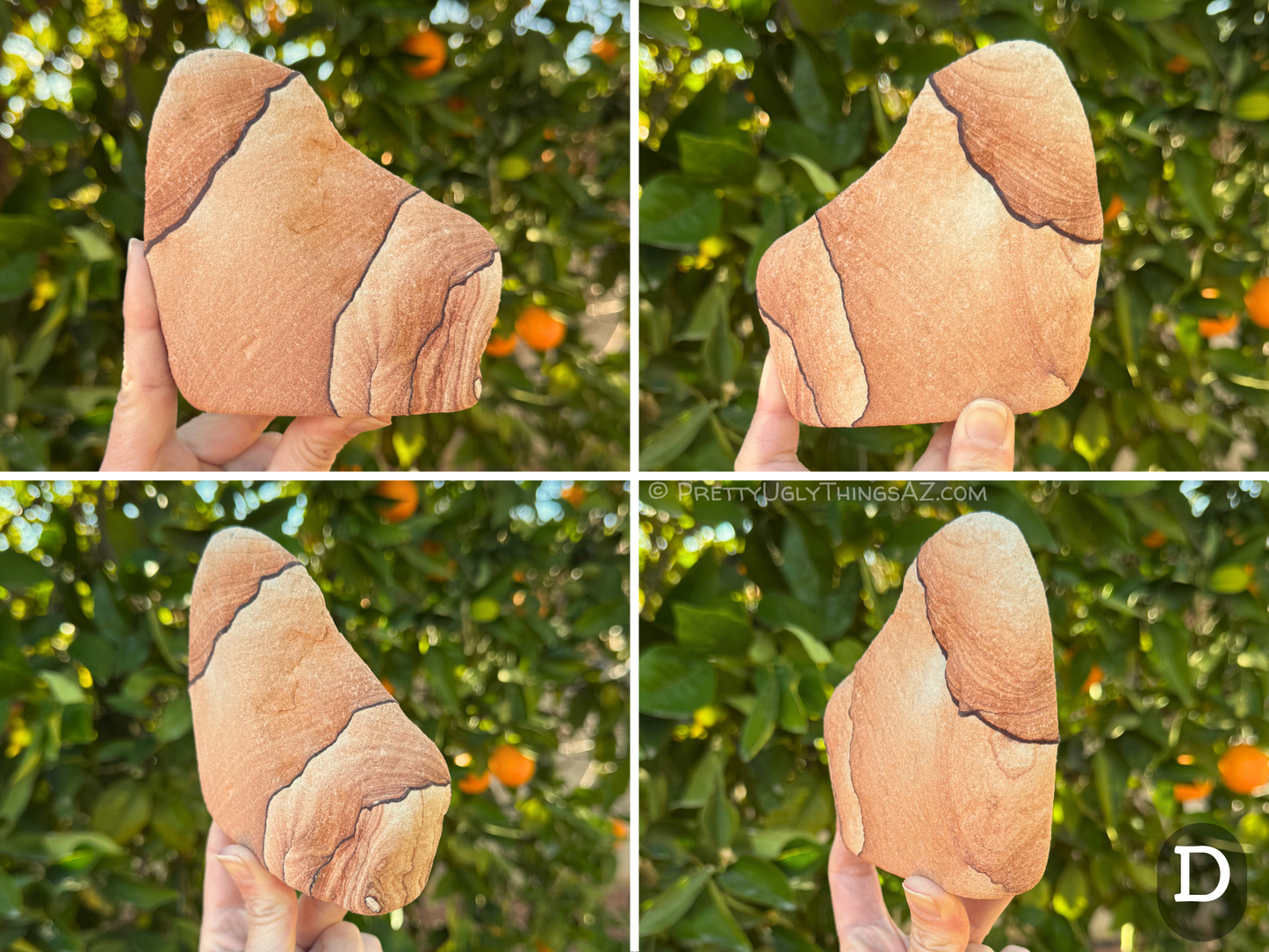 Four views of option D, a flat asymmetric piece of sandstone with several bold iron bands running through it. There is subtle layering, with a color gradient between iron bands from darker red at one band to lighter red at the next.