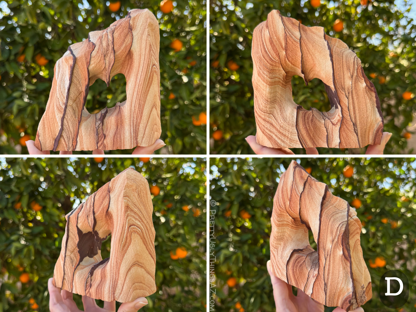 Four views of option D, an off-square slanted arch with a somewhat heart-shaped hole through the center. The piece has good ridges created by thin dark iron bands running vertically through the material, with the material between a lighter red sandstone with very good layering.
