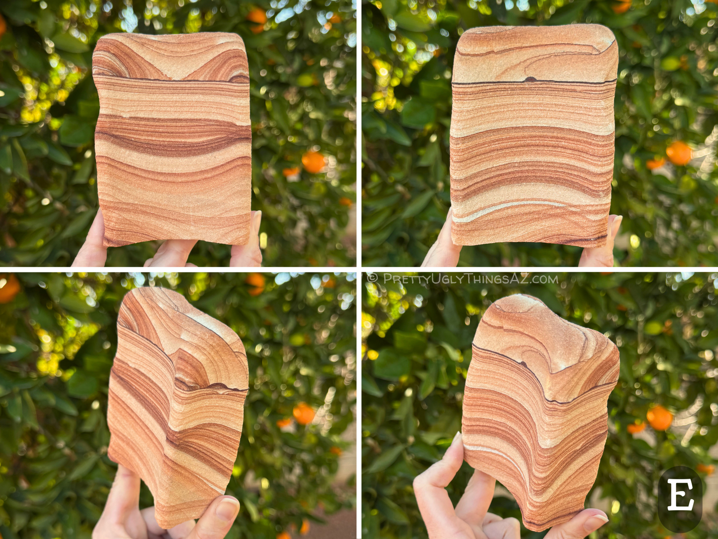Four views of option E, a tall rectangular piece with sides wider than the center. The piece has excellent contrast in layering on all sides, with some thin dark bands.