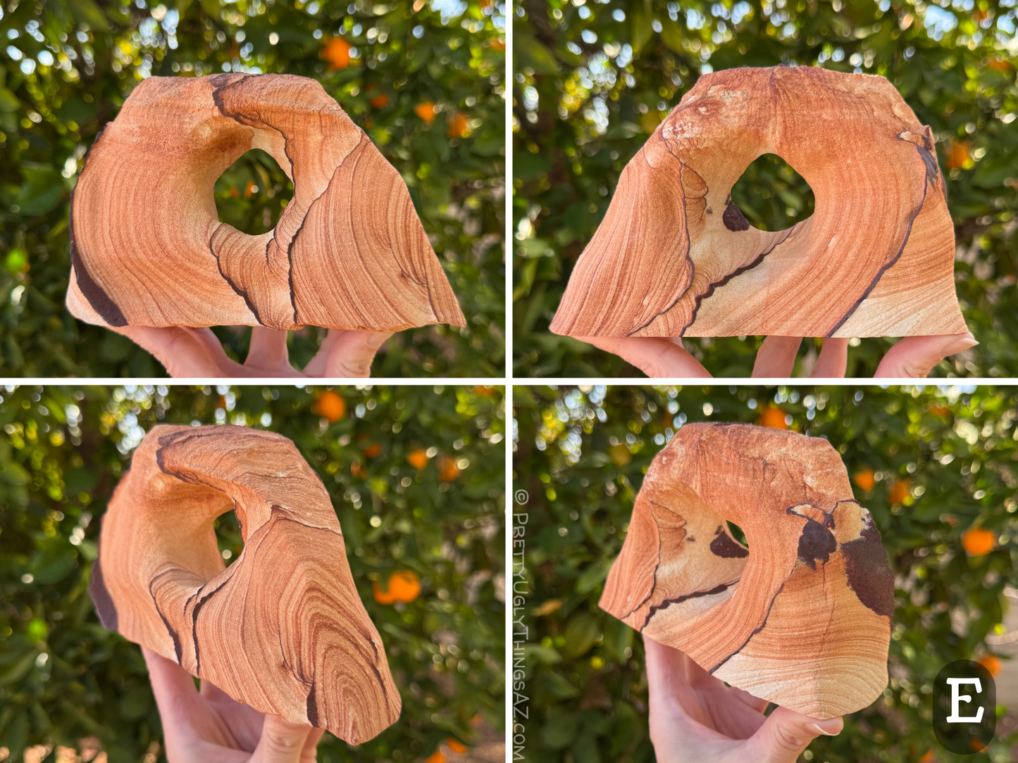 Four views of option E, a low wide rounded arch with an irregular hole through the center. The piece has good sweeping layers of reddish sandstone, with some thin dark iron bands in slightly scalloped patterns through the center. There is some light patchiness on the top of the arch.