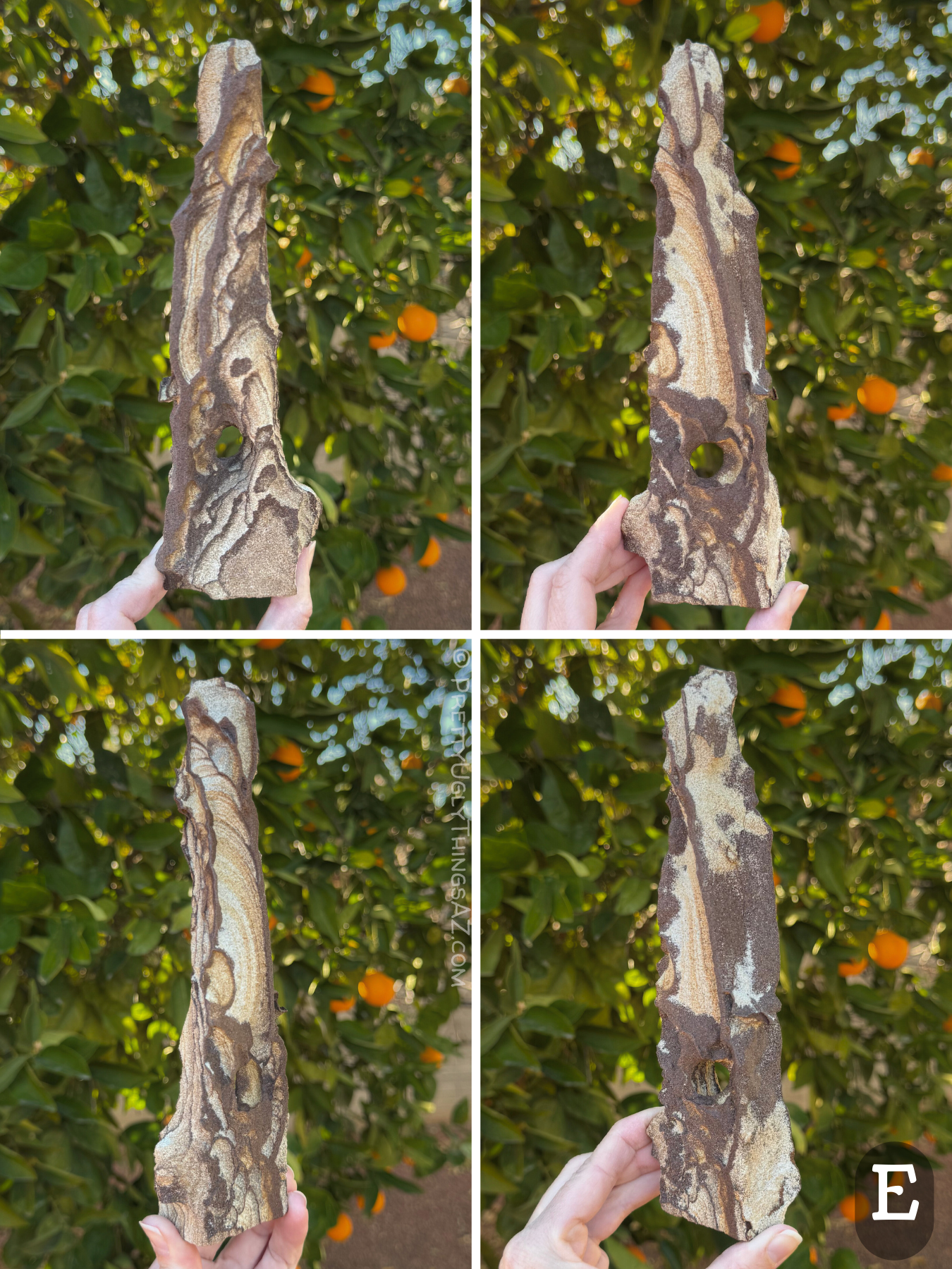 Four views of option E, a ridiculously elongated and tall arch with a small round hole through the center, shaped like a thin tall triangle. The material has complex craggy dark iron banding through it making scallop patterning on one sire, and more irregular bold patterning on the other side.