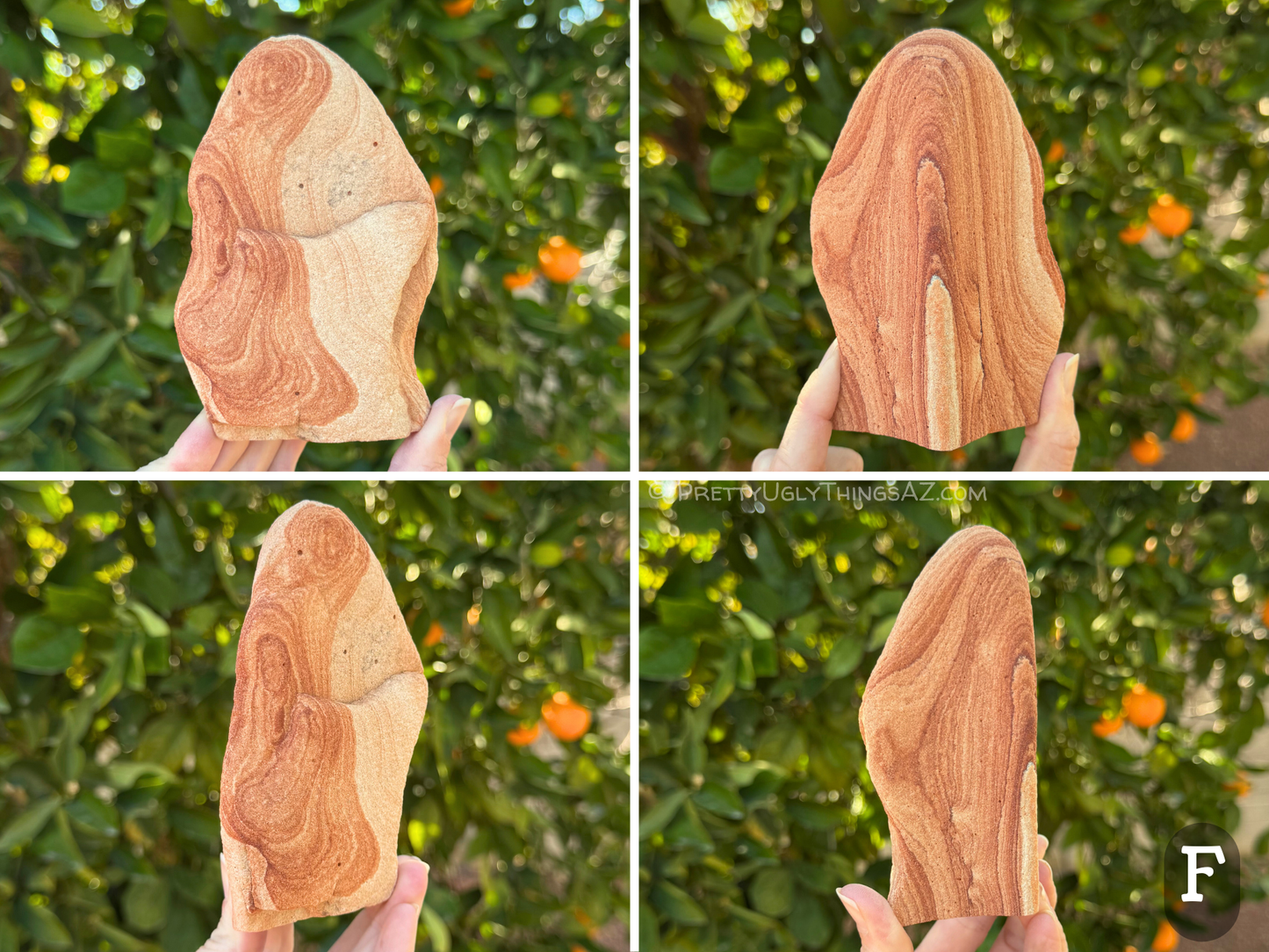 Four views of option F, an irregular tall rounded piece with one flat side that is mostly light colored with red rings of layering along one edge that look like the Madonna and child. The other side has excellent layering emphasized by the center coming out to a raised edge.