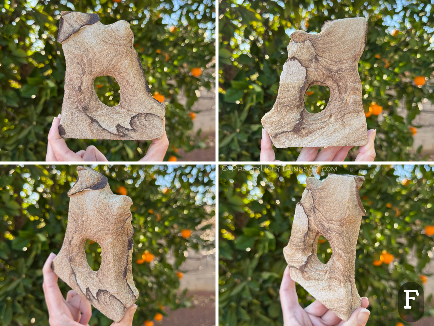 Four views of option F, a flat wide off-square arch with and oval hole through the middle. The sandstone is lighter-colored with some dark iron banding creating pattern in one bottom corner, and a protruding ring on one top corner.
