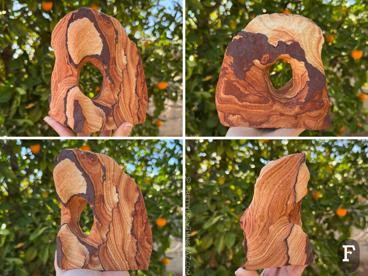 Four views of option F, a bulky off-center saturated red sandstone rounded arch with a slight curve like a wave. One side has excellent craggy layering, cut through with ridges of dark iron banding that have scallop patterning blending into sweeping red layering. The other side has a large patch of a dark iron band across it, with light sandstone pattern above, and dark red rings below.