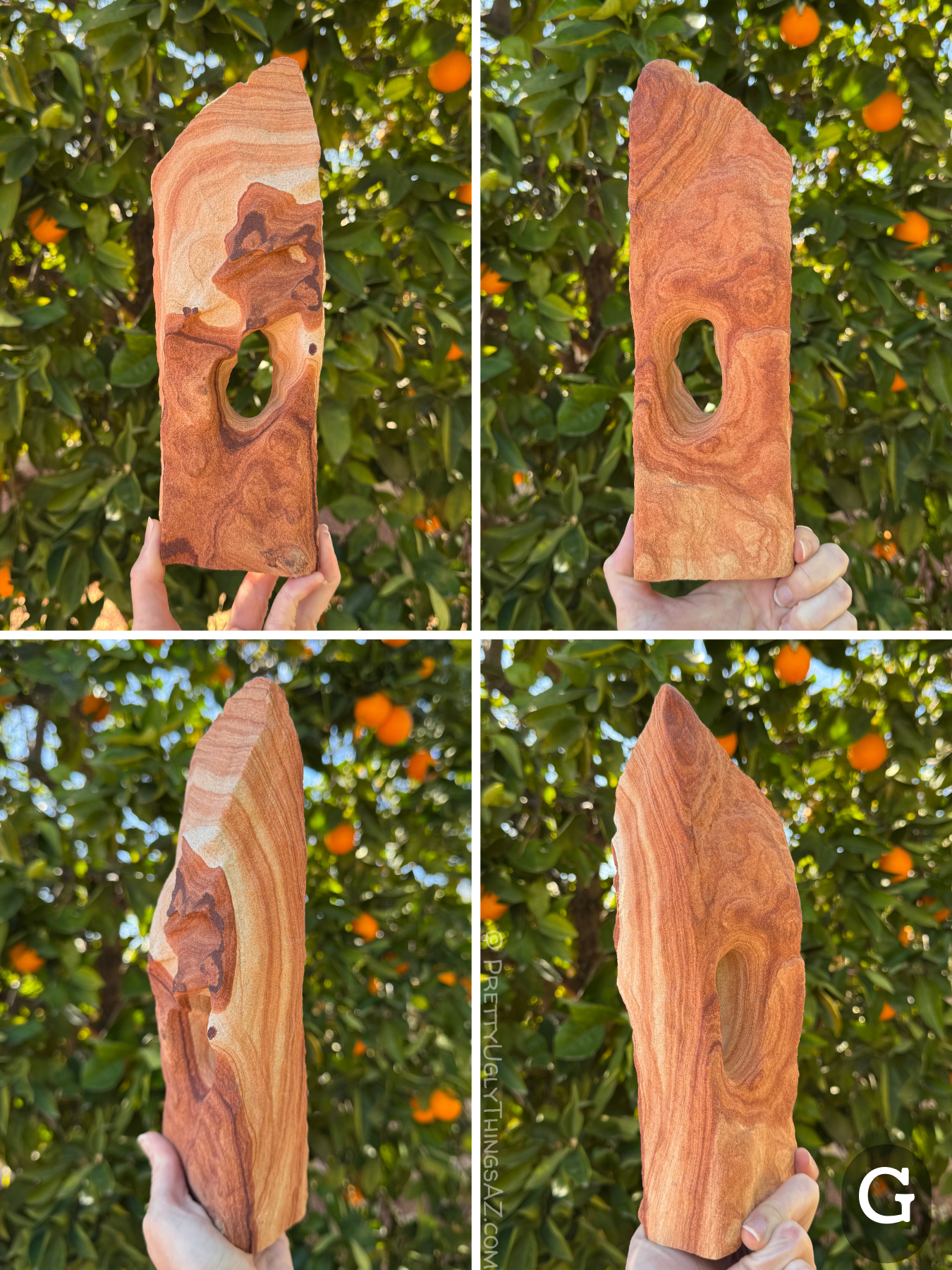Four views of option G, a very tall thin rectangular arch with an asymmetric top like Gumby. The piece has a thin oval hole through the center. One side has deeper red patterning, and the other side has higher contrast layers. Sweeping layers show down the sides, with irregular rings and shapes on the main faces.