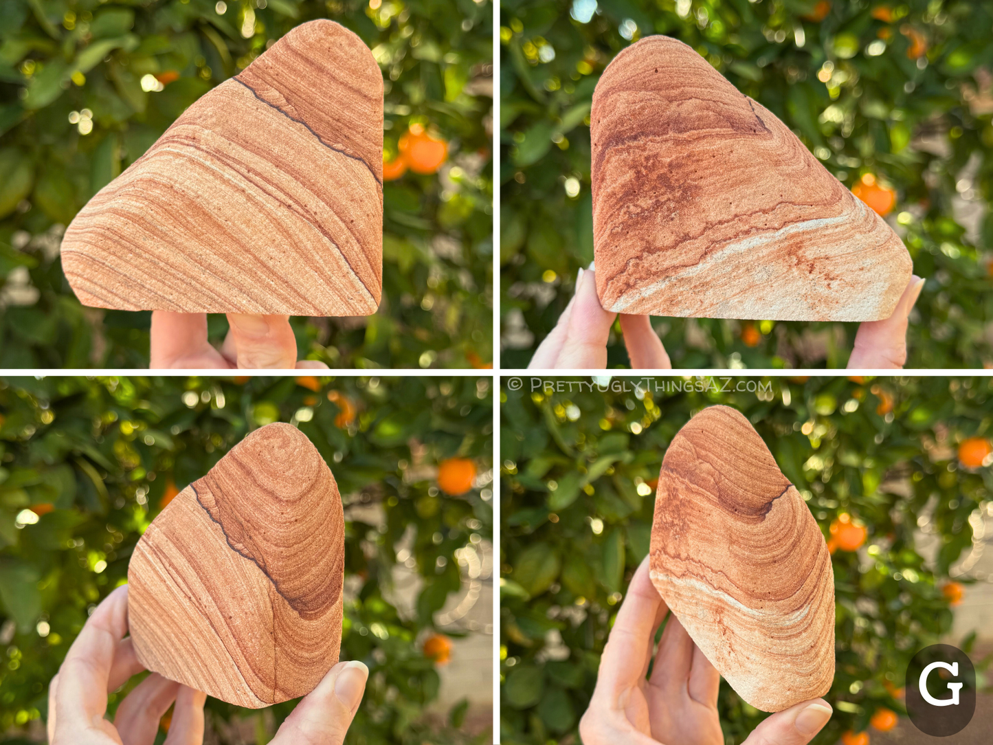 Four views of option G, a rounded triangular piece with very good layering, and a thin dark band running through the top. The back side has some red splotching, and interesting crinkled veins across it.