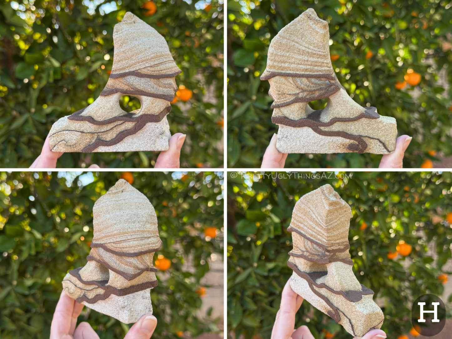 Four views of option H, an arch shaped like a wave, with a flat oval hole through the middle. The piece has excellent layering, with bold iron bands crossing through it and protruding, and light layering in the top half of the pieace.