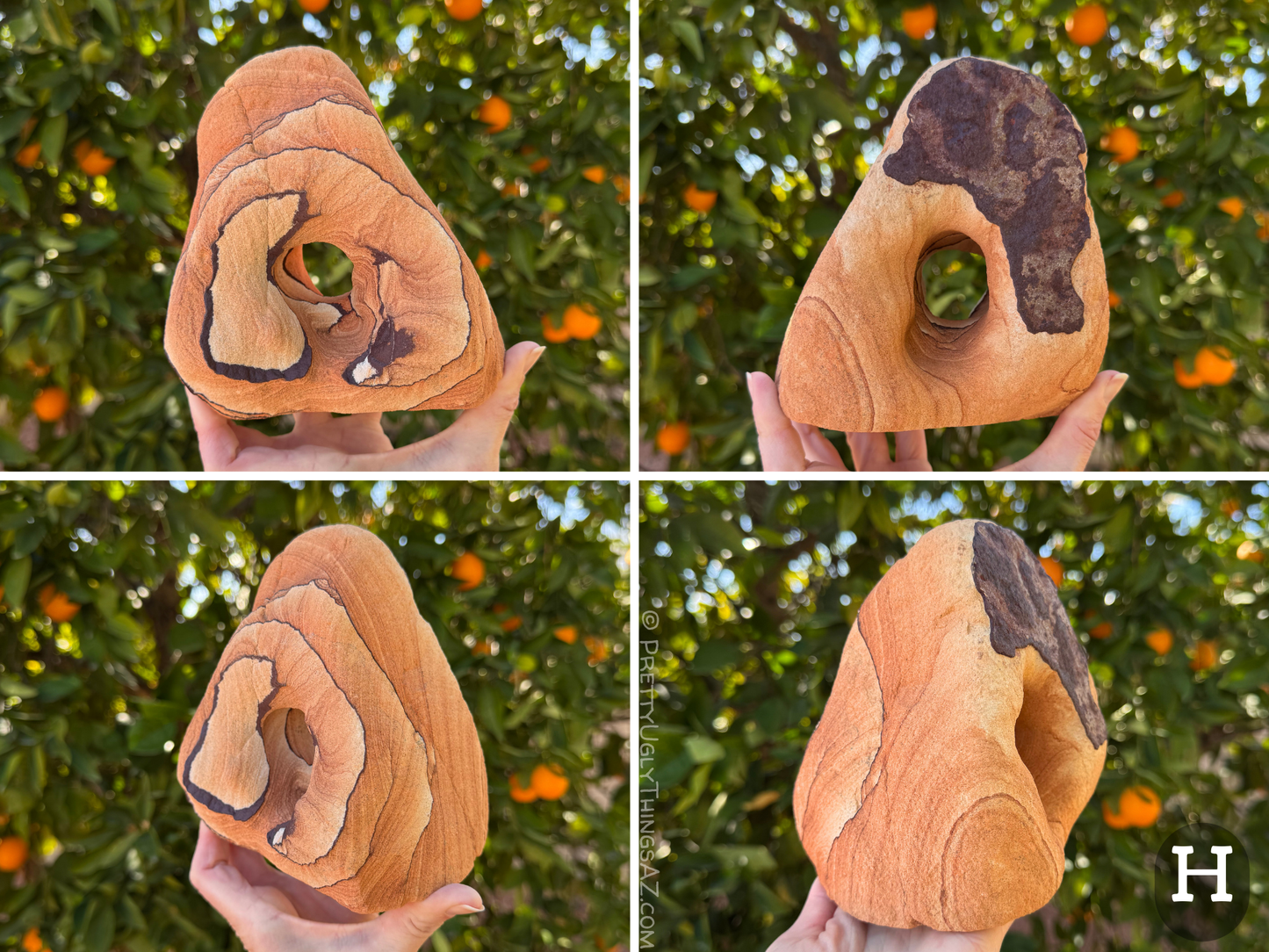 Four views of option H, a large rounded triangular arch that is wide and blocky. It has a round hole through the thick center, with ridges of iron banding ringing the inside. Thin dark iron bands ring the main face, almost forming a spiral shape, with the sandstone in a gradient from medium to light yellow-red color. The layering is subtle, with good rings emphasizing one corner. One side has a large dark patch of iron banding.