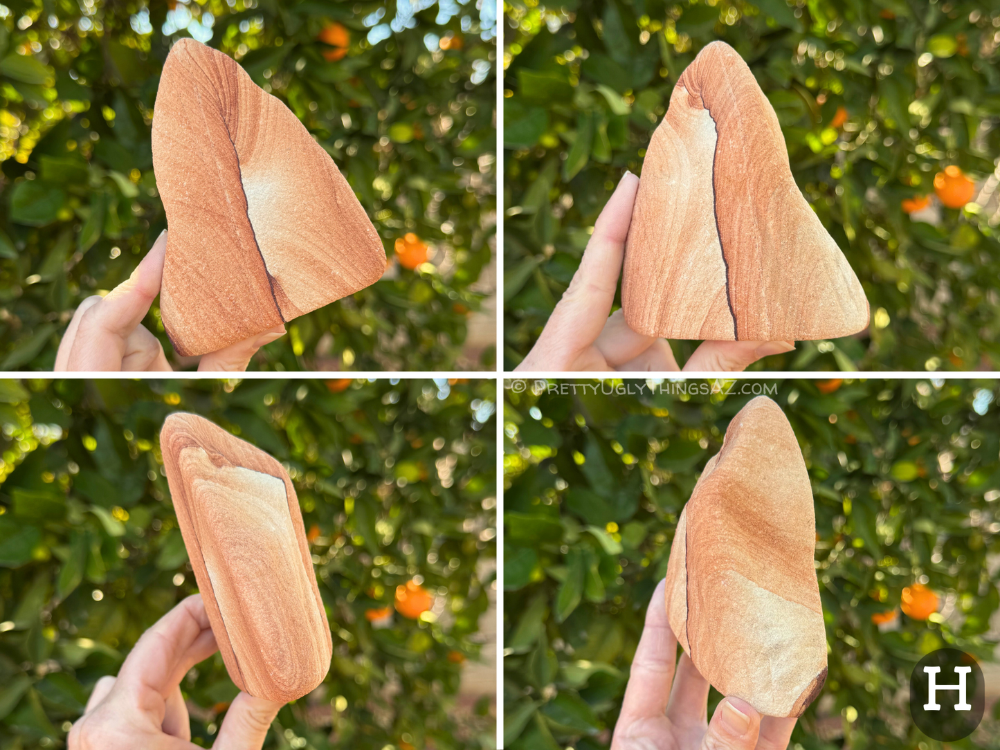 Four views of option H, a light-colored triangular piece with one bold thin dark iron band down the middle. The piece has light layers that fade in gradient to near-white in areas.