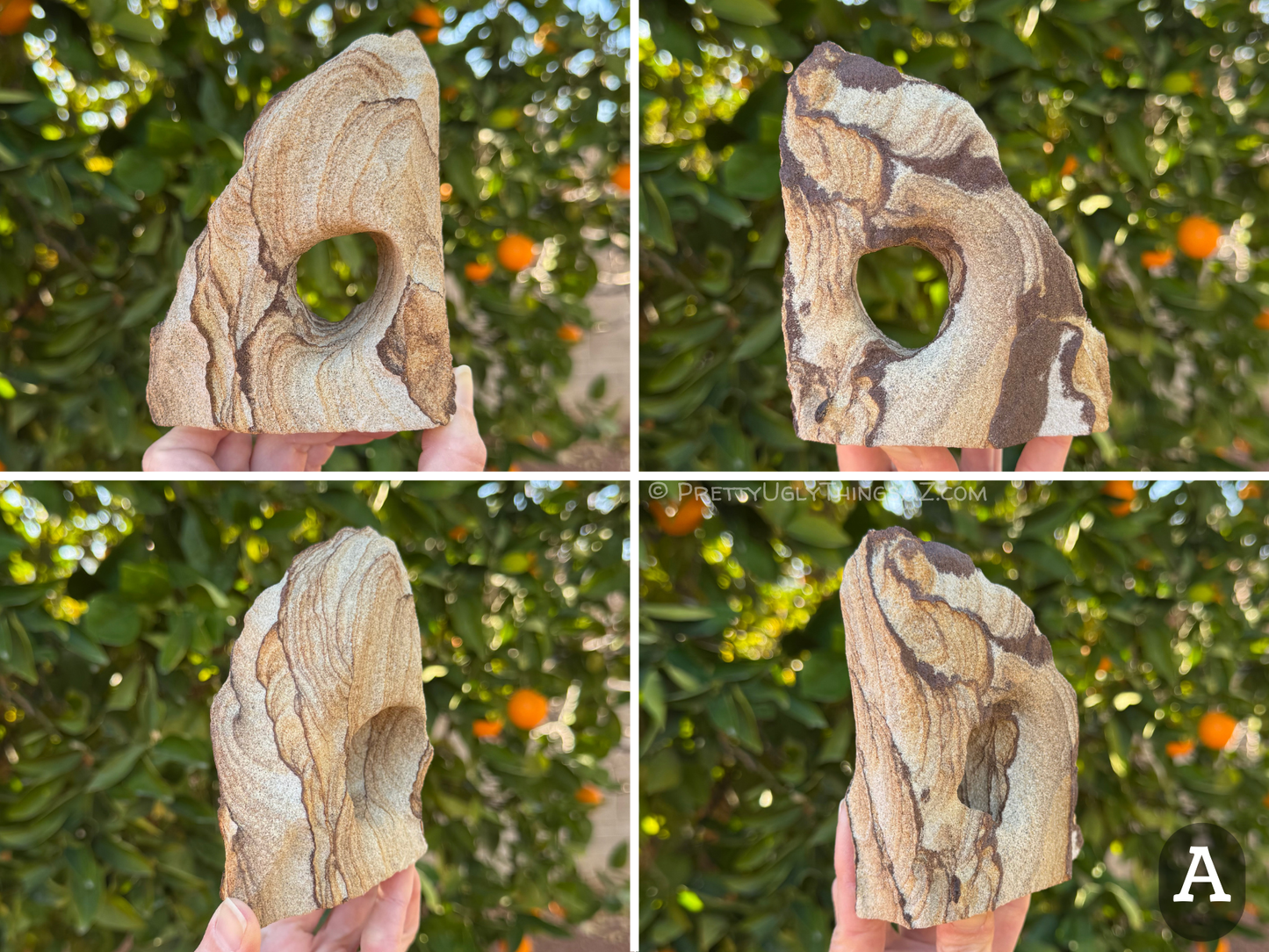 Four views of option A, a light brown arch asymmetric at the top with an irregular hole through the center. The piece has good layering on one side with scallop patterning down one edge. The other side exposes dark patches of the iron banding in a pattern between sweeping curves of light sandstone.