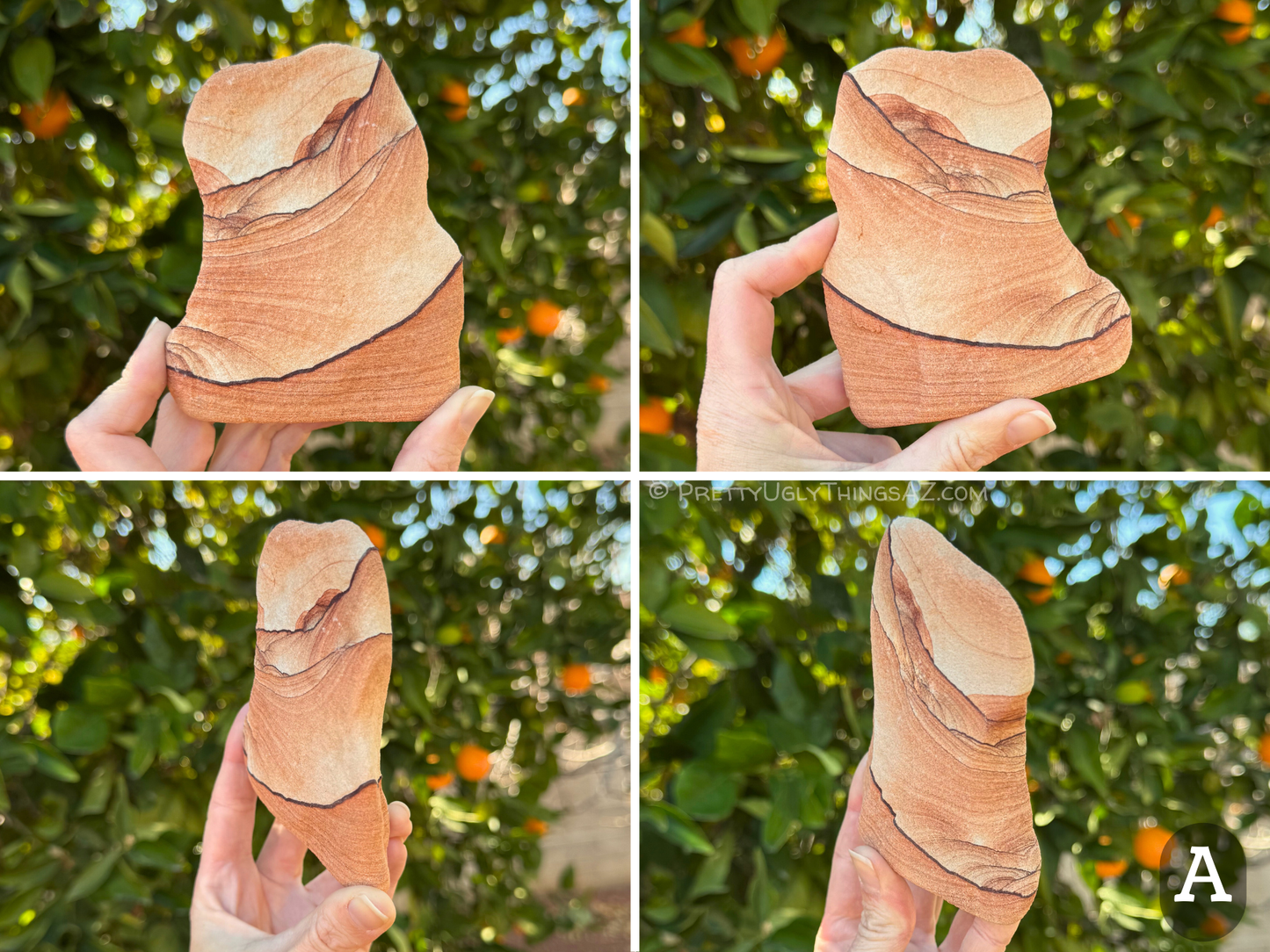 Four views of option A, a flat piece curved on one edge, with a rounded top. The piece has thin dark iron bands through it, forming good scallop patterning in places. The sandstone has subtle layering, tinted red at one iron band and fading to light at the next iron band.