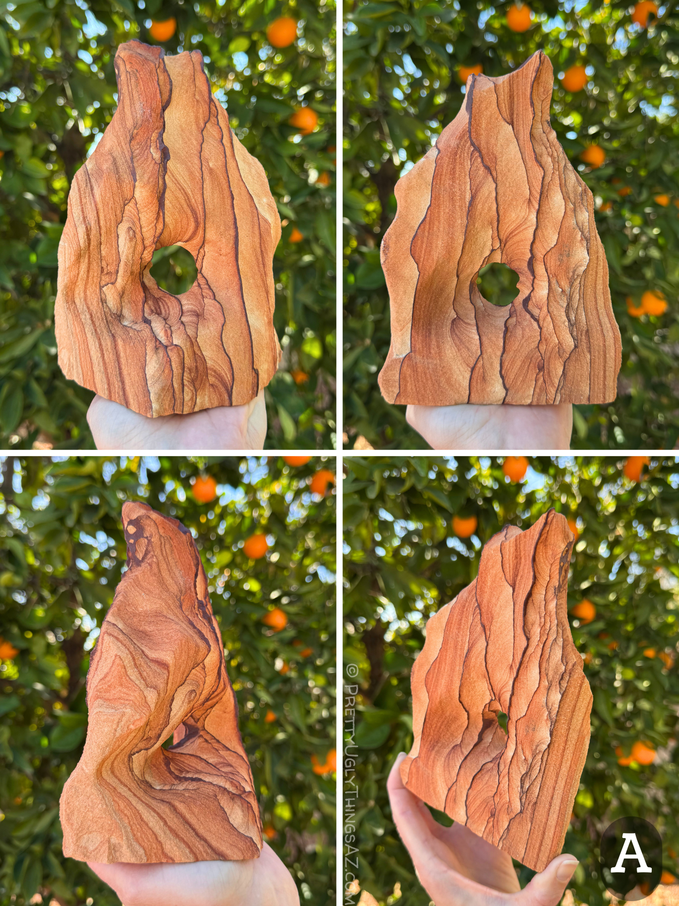Four views of option A, a craggy tall pointed arch with deep red color and a round hole through the center. It has many dark iron bands running vertically through it, with some good scallop patterning. One edge is dramatically angled, emphasized by the layering pattern.