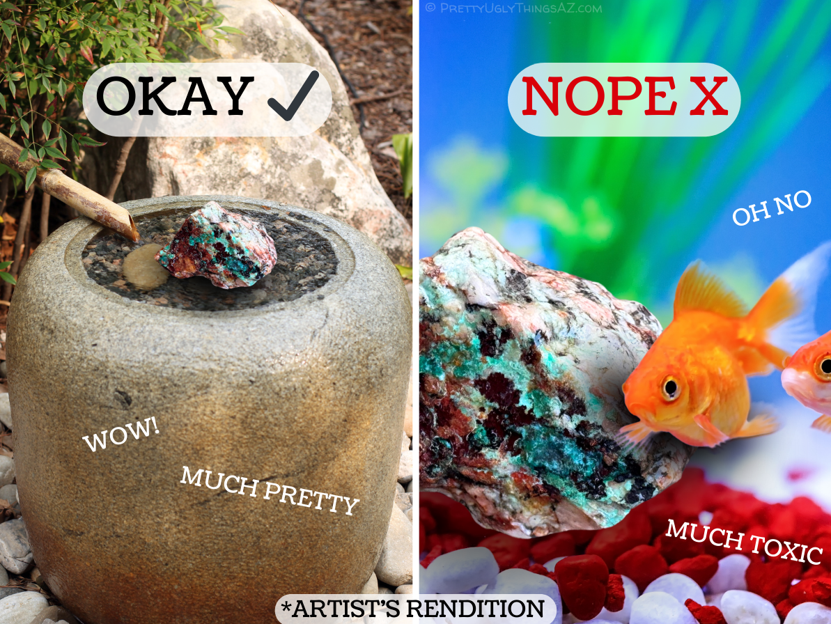 Diagram showing the rock is okay to use in water, but not in aquariums. On the left it shows a wet rock in a zen fountain, labeled as okay and "wow," "much pretty." On the right it shows the rock in an aquarium, labeled "nope," "oh no" and "much toxic." At the bottom is an asterisk reading "artist's rendition" because the example rock is crudely photoshopped into the examples.