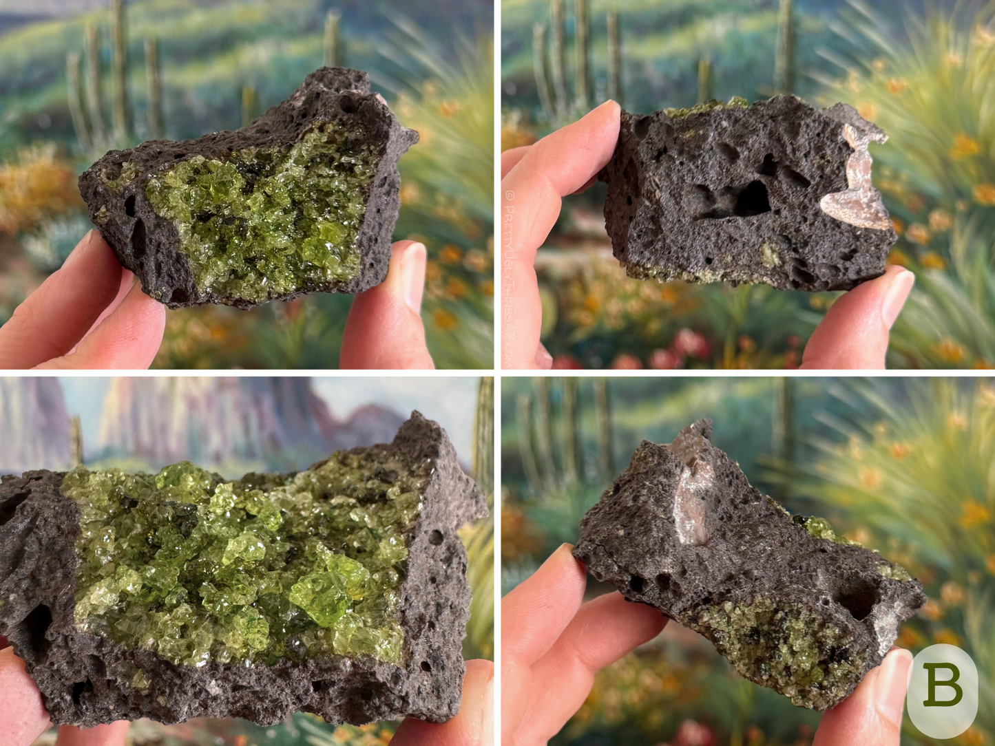 Option B, a small roughly rectangular piece of basalt with a pocket of extra gemmy peridotite covering one face. The peridotite is a reich yellow-green with good clarity and luster in the chunky crystals. There is a small lower-quality pocket on the other side, and white overgrowth on the end.