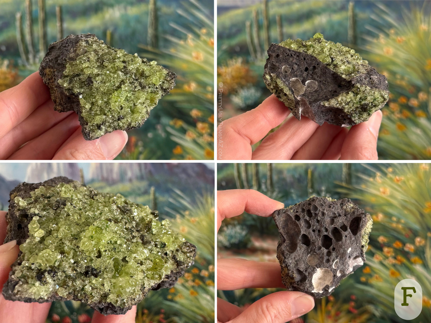 Option F, an angular wedge-shaped piece of basalt with a large pocket of gemmy peridotite covering one side, primarily yellow-green with large chunky crystals. The underside is plain lava rock with large bubble holes, and there are smaller angular pockets in the sides.