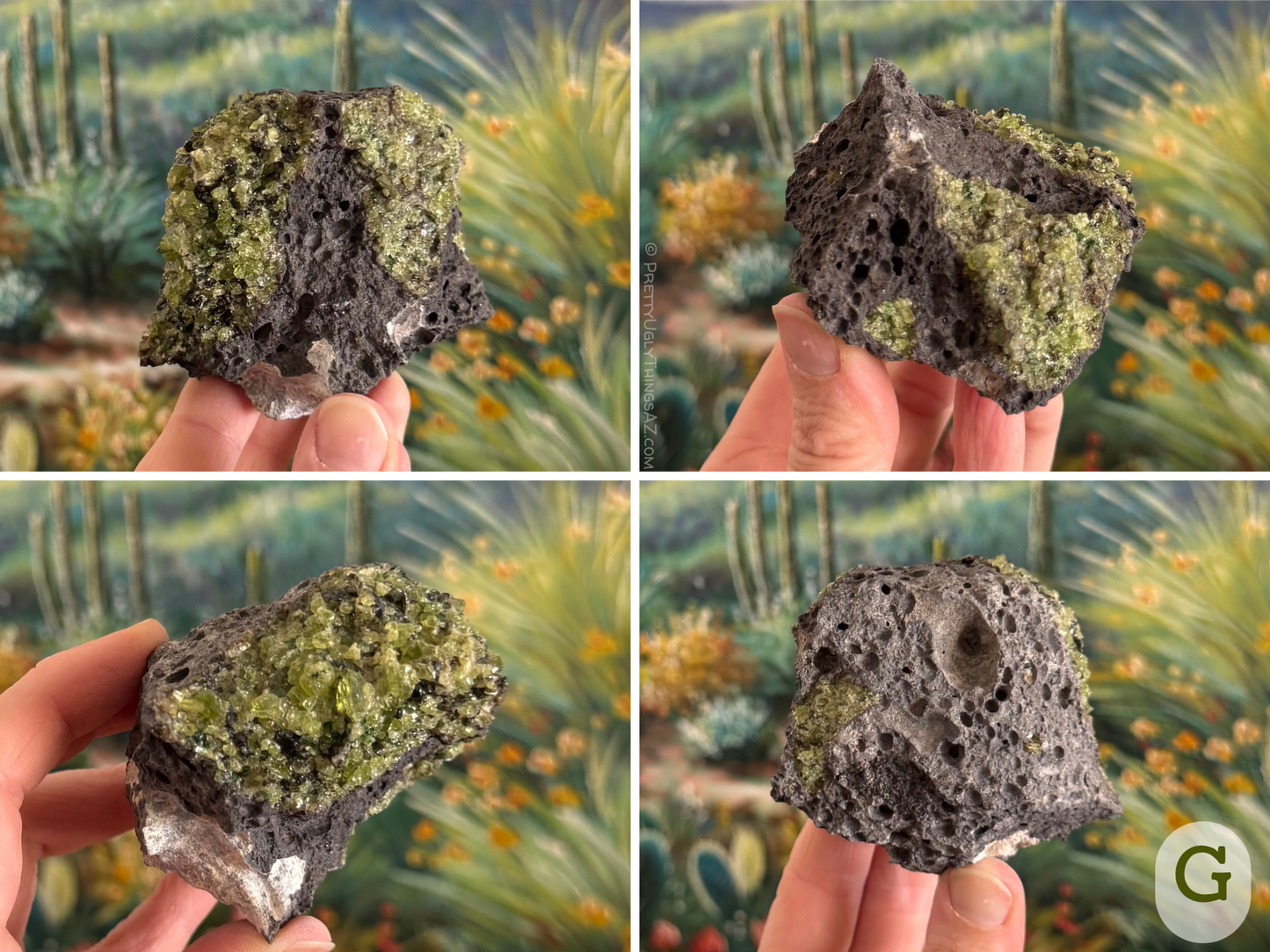 Option G, a flared blocky piece of peridotite with two long patches of peridotite on the main face, one gemmy with chunky yellow-green crystals and the other duller with smaller crystals. The back is mainly plain lava rock, with only a small pocket of peridotite. The end of the piece is oddly-shape and coated with opaque white material.