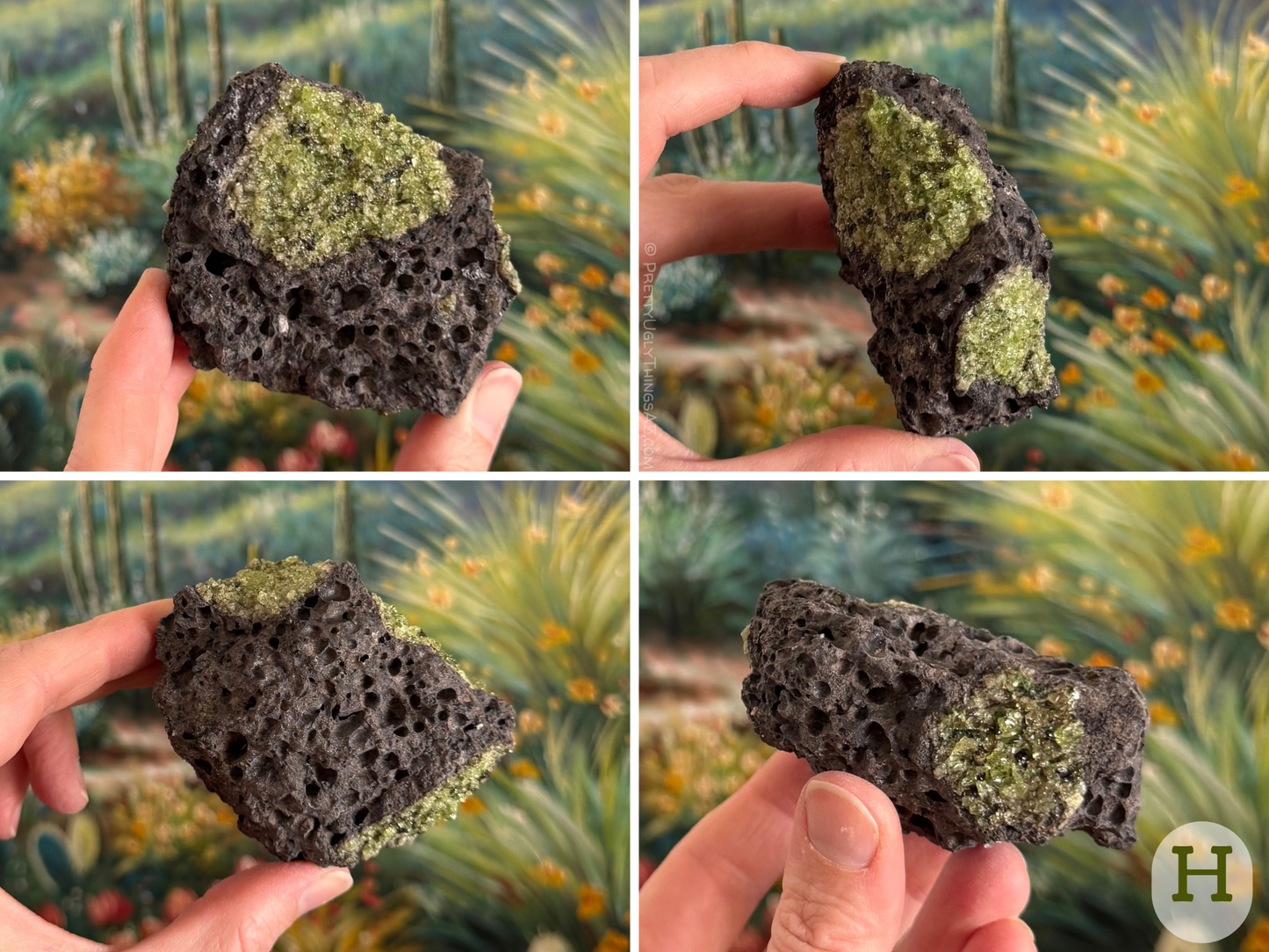 Option H, a wide flat piece of basalt with good even bubble pattern, and several large pockets spotting the surface, concentrated around the edges. The peridotite has good even coloring, largely yellow-green with smaller crystal size and dark green spinel sprinkled through.