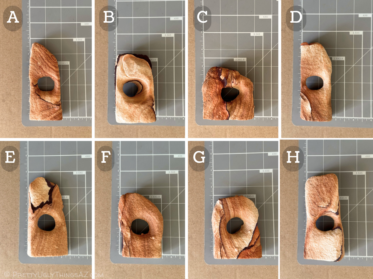 Options A though H on a measuring mat. Full dimensions are in the description. Options A, D, E, and H are all similarly proportioned tall narrow piece, while options B, C, F and G are more squat and wide.