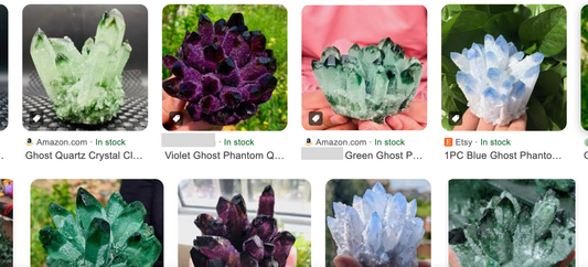 A screenshot of several rows of google image results of brightly-colored synthetic quartz specimens