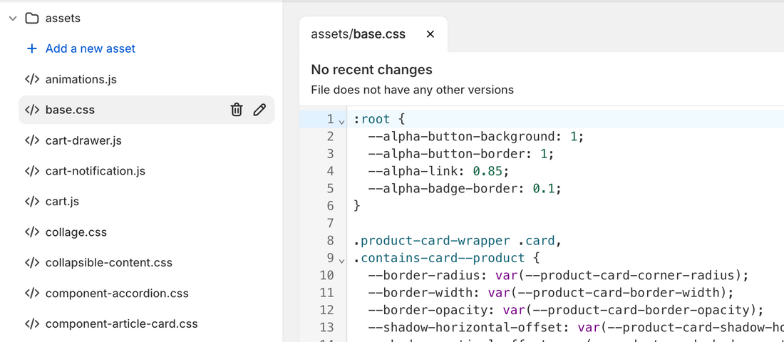 Screenshot of the code directory, with the assets folder open and file 'base' selected