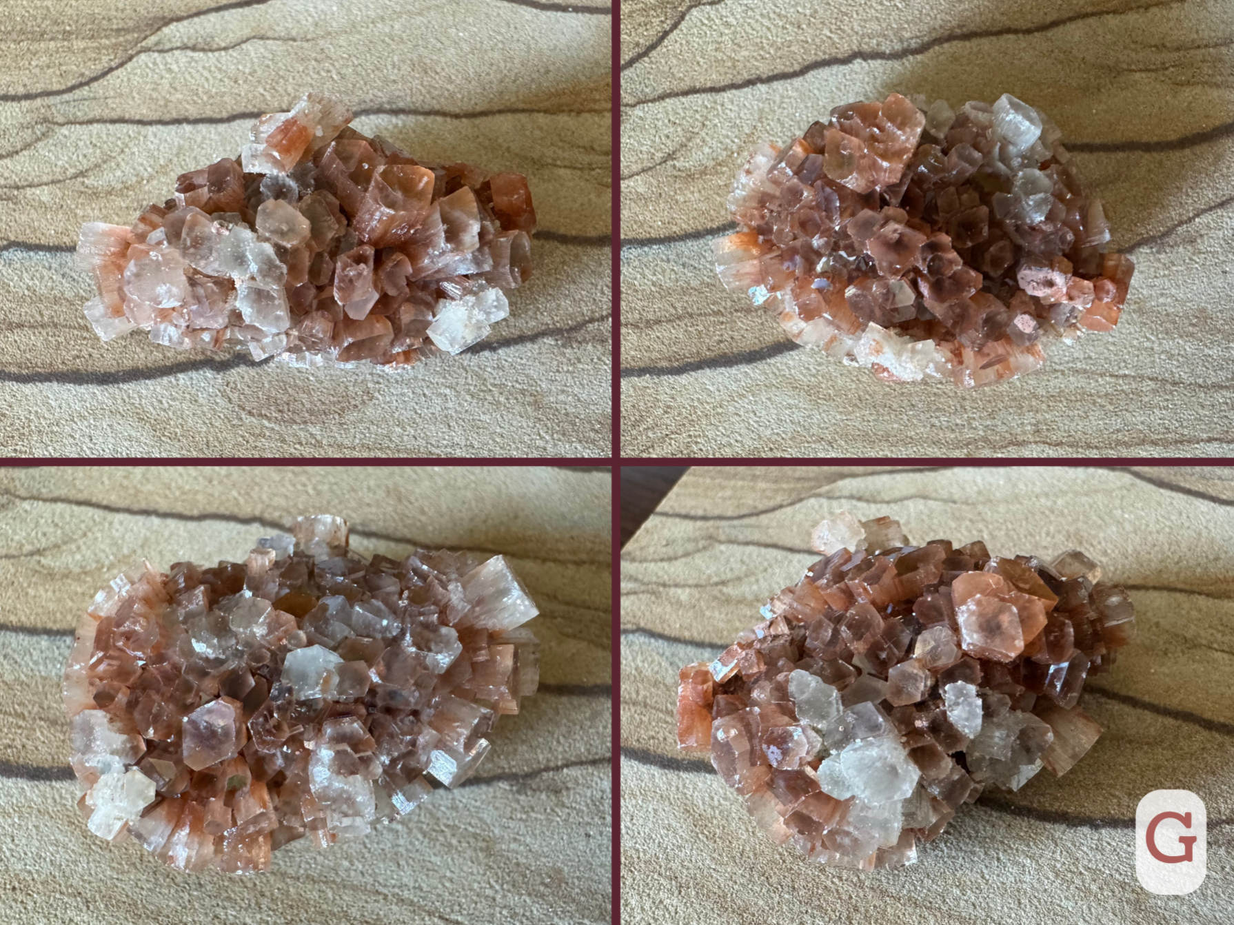 Option G, four views of a slightly flat elongated sputnik aragonite with chunky crystals. White and red crystals are mixed together. The pseudo-hexagonal shapes of crystals are more flattened like a diamond shape.