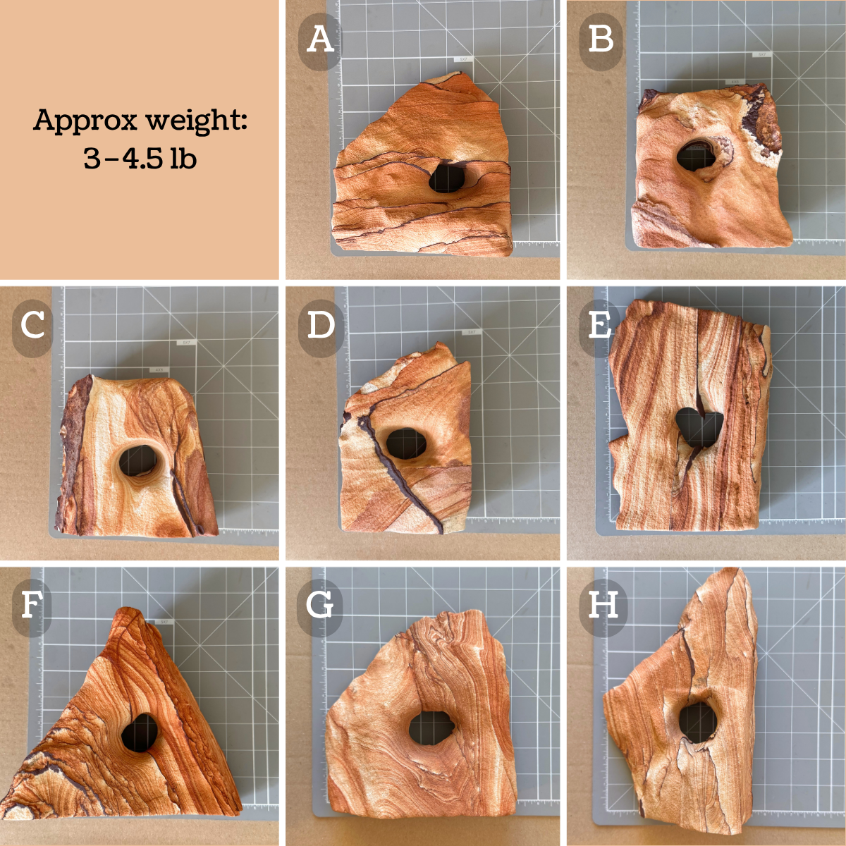 Options A through H on a measuring mat. Full dimensions are in the description. Options B, C, and D are a similar size, near six inches tall and a bit over four inches wide. The rest are larger with more variation in shape. The pieces are labeled as approximately three to four and a half pounds.