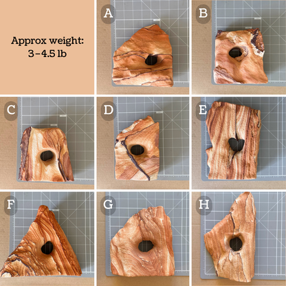 Options A through H on a measuring mat. Full dimensions are in the description. Options B, C, and D are a similar size, near six inches tall and a bit over four inches wide. The rest are larger with more variation in shape. The pieces are labeled as approximately three to four and a half pounds.