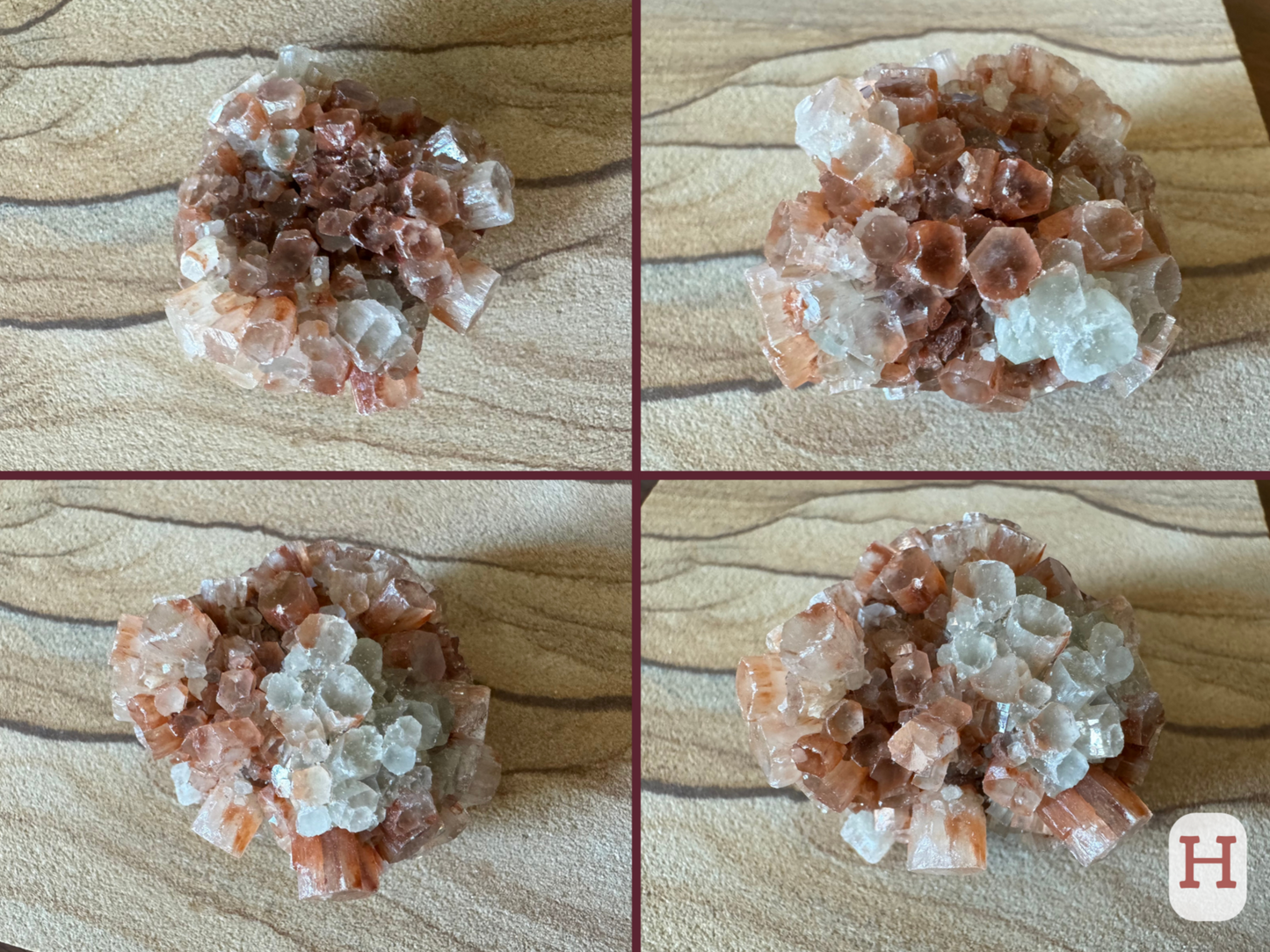 Option H, four views of a round sputnik aragonite with short fat crystals. The piece has good balance of red-brown and white crystals.