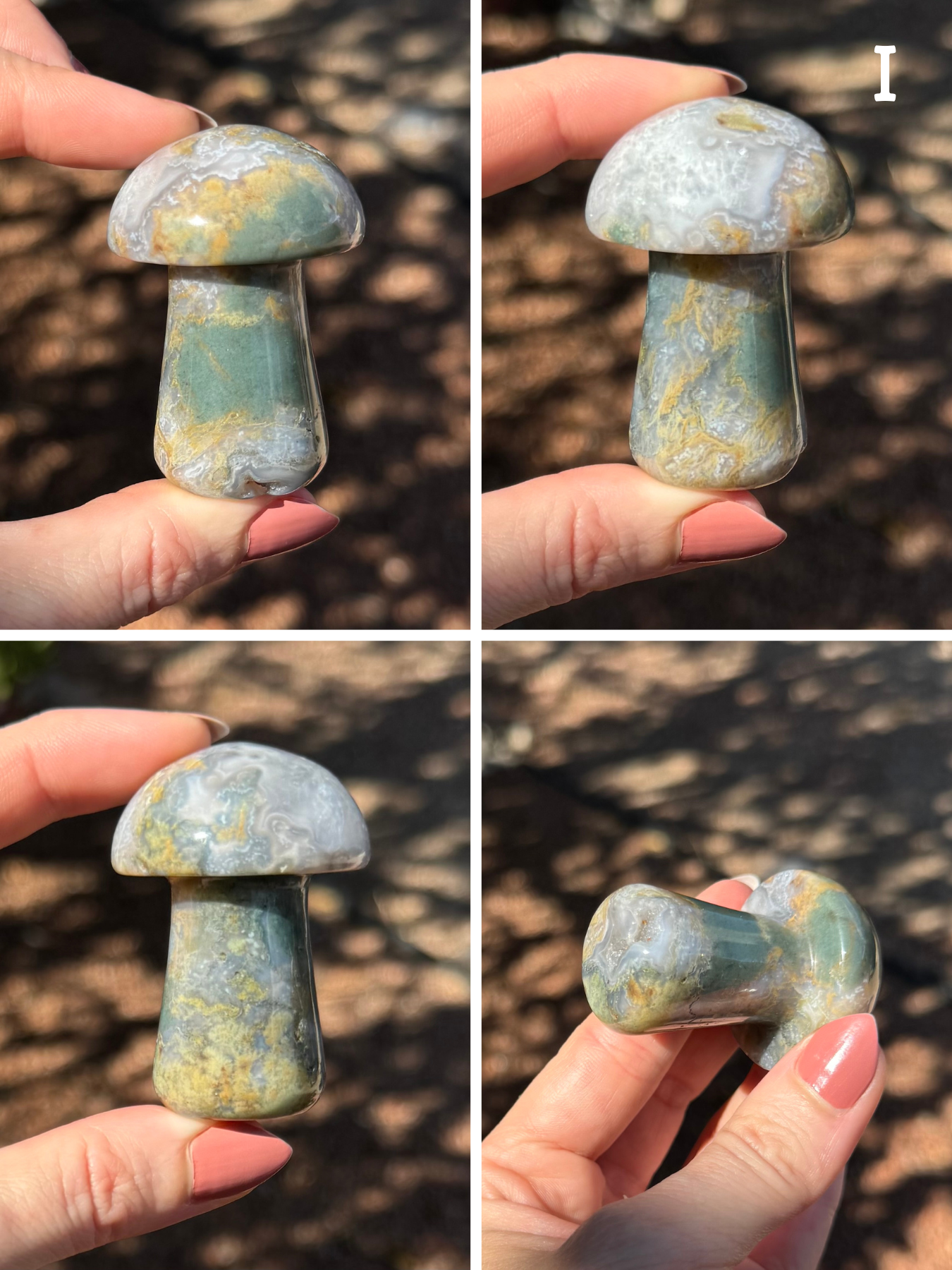 Option I, four views of a lavender mushroom with some lace-agate patterning. It has some large green spots and light yellow-brown veining. Small natural cavity in the material's base