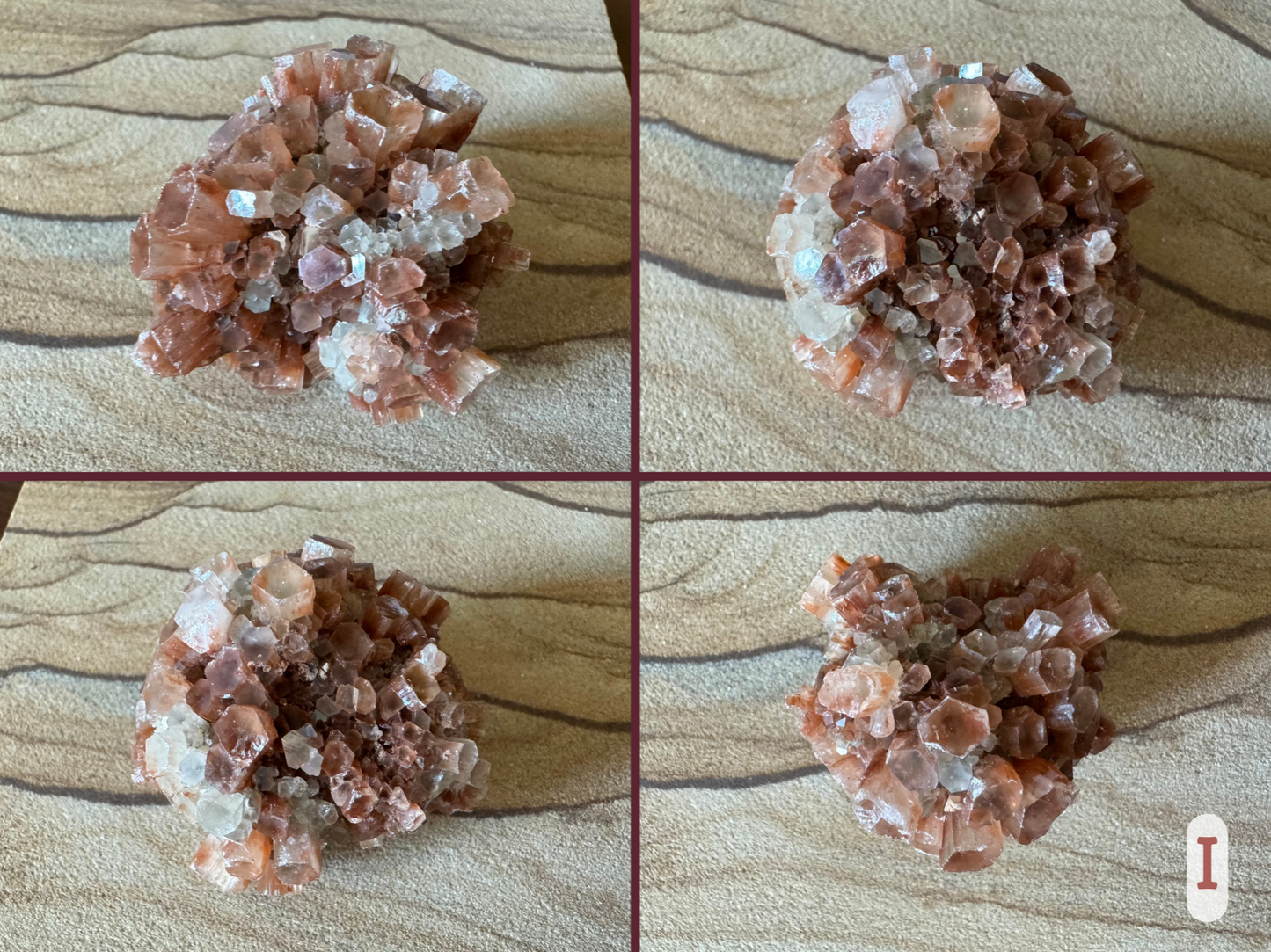 Option I, four views of a round sputnik aragonite with larger crystals on one side and small short ones on the other. Well-formed larger crystals in a mix of white and red-brown.