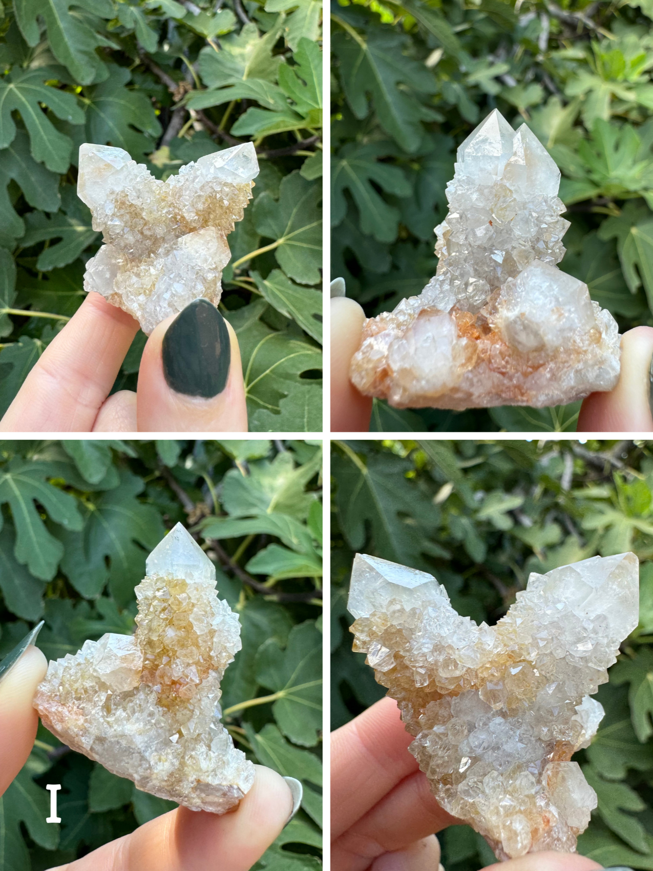 Option I, four images of a cluster of cactus quartz, white quart wit minimal orange-red staining. There are two main points at right angle. One point has grown a double-point together.