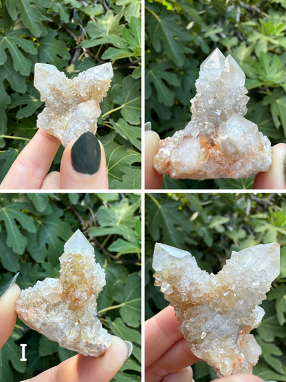 Option I, four images of a cluster of cactus quartz, white quart wit minimal orange-red staining. There are two main points at right angle. One point has grown a double-point together.