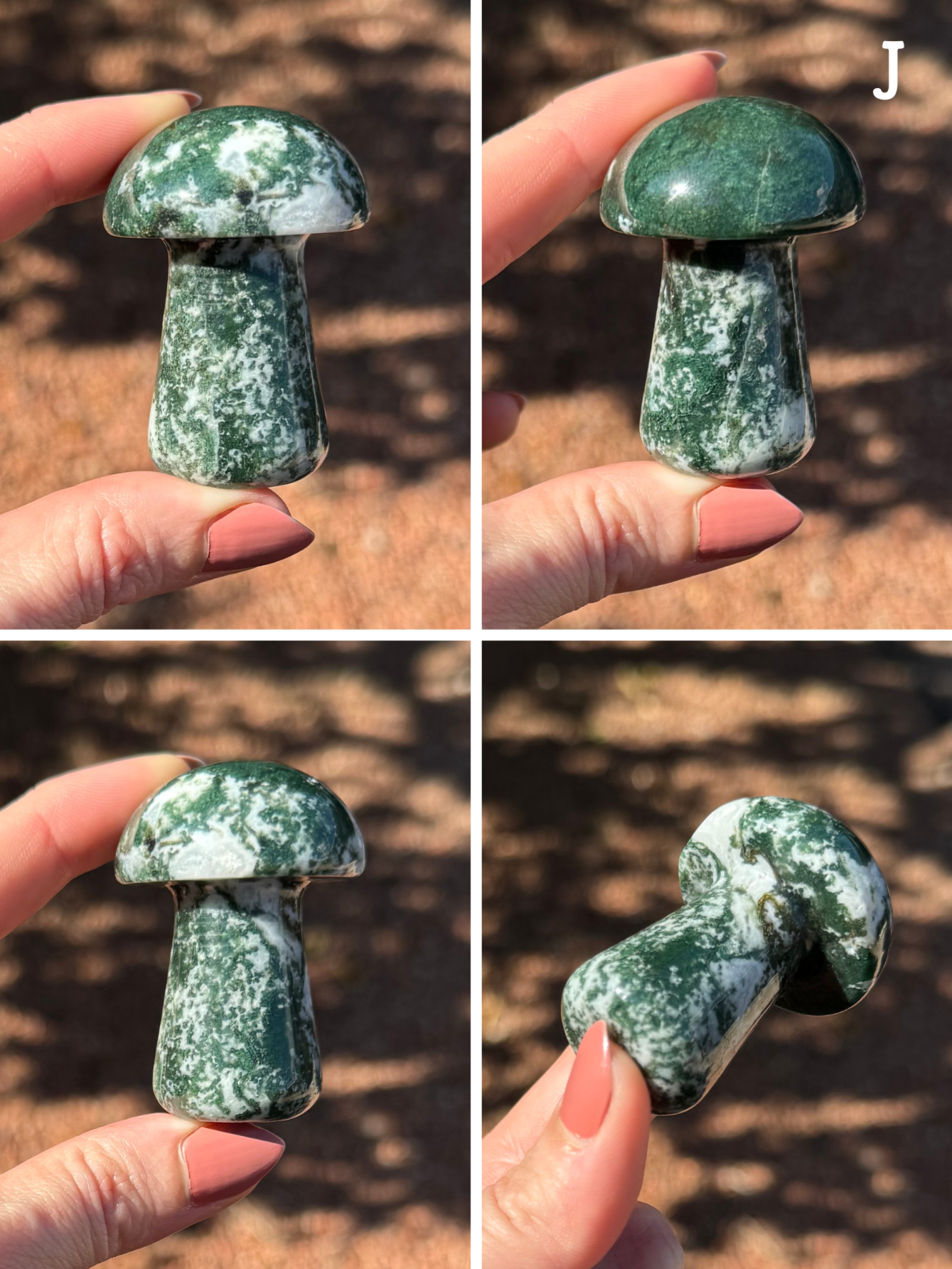 Option J, four views of a dark green and white moss agate mushroom. The cap is mostly green. The green forms swirling and semi-dendritic splotching