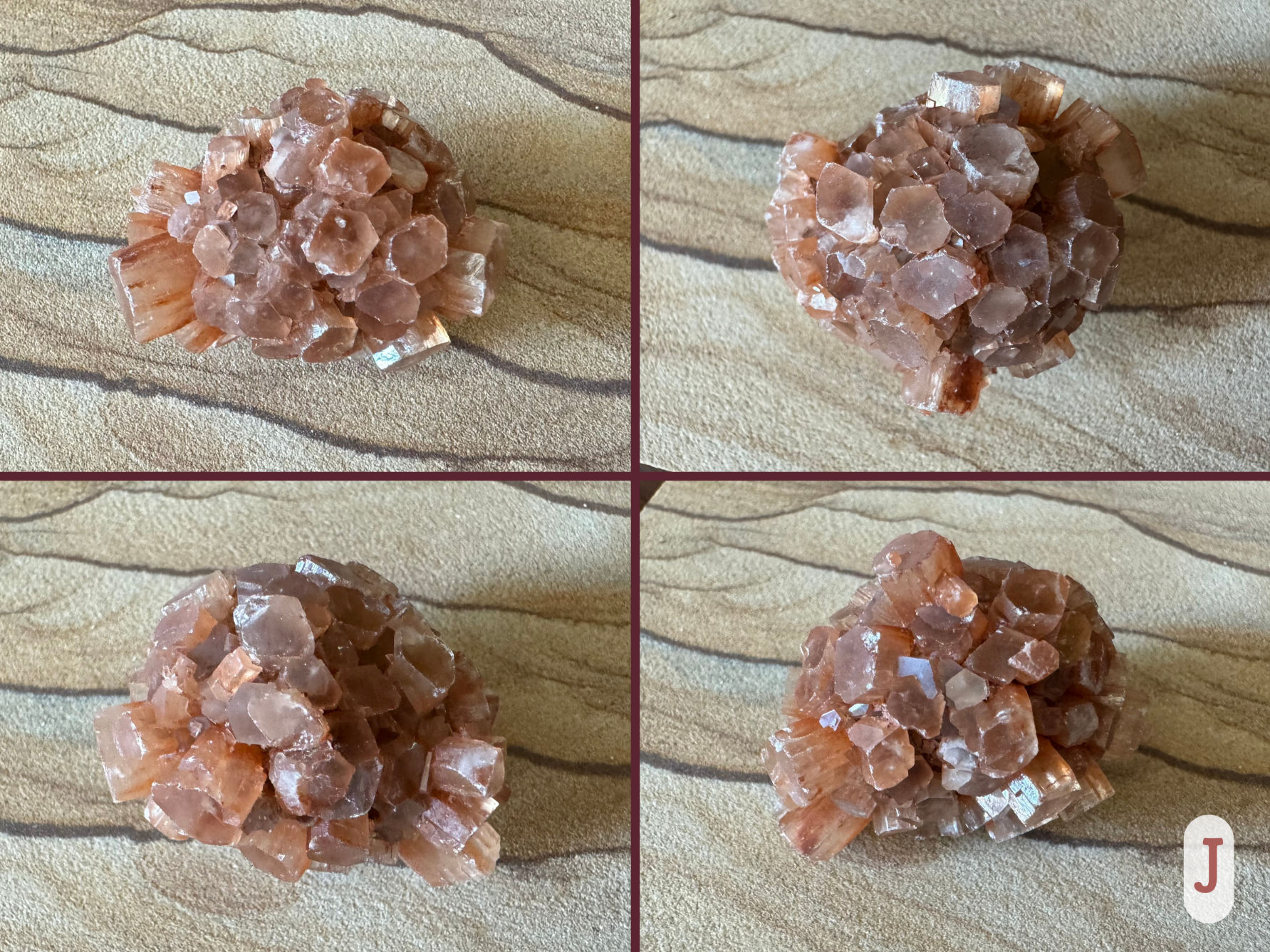 Option J, four views of a round bunchy sputnik aragonite with flattened hexagonal crystals. The piece is almost entirely red, with few light crystals. The surface luster is a bit filmy on the ends, dulling the red color