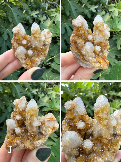 Option J, four images of a cluster of cactus quartz with three main points and several spherical formations. The quartz was white but this one is heavily stained golden yellow. The yellow fades at the tips, making them look highlighted