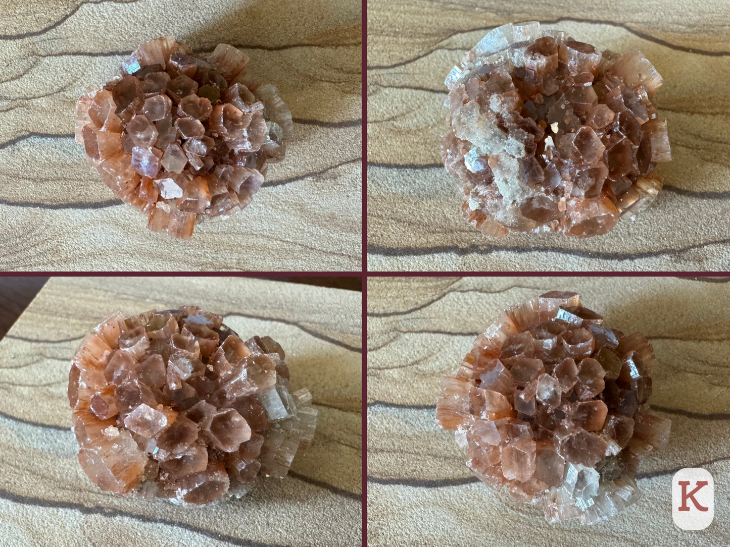 Option K, four views of a round sputnik aragonite with even well-formed short crystals. One side of the piece has broken crystals. It is mostly red-brown with a small patch of white crystals.