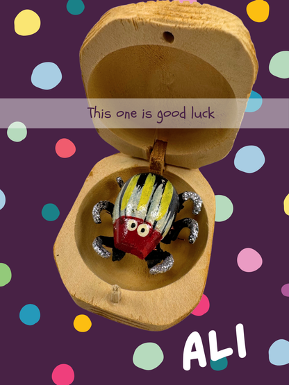 A black bug with yellow and white stripes, named Ali and captioned "This one is good luck"