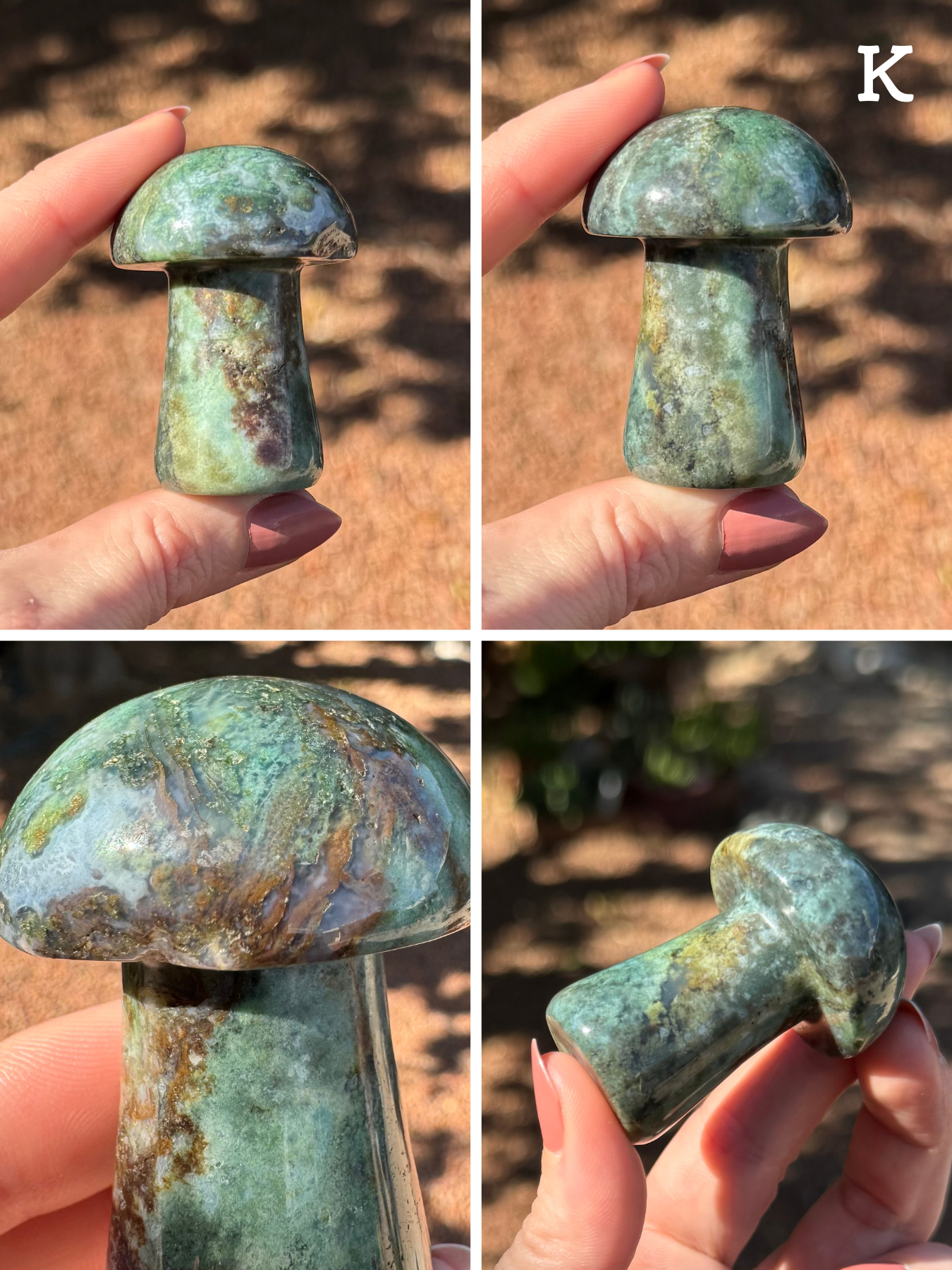 Option K, four views of a green-blue and yellow-green mottled mushroom with dark brown spots and veining. The cap of the mushroom has good translucency displaying these patterns in 3D. There is an edge of the mushroom cap that is flat, the material's natural surface