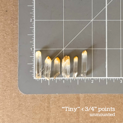 Titled as the tiny size, points under three quarters of an inch in length, and unmounted. Six of the points are spread on a measuring mat for scale, ranging from just under an inch in length to closer to half an inch.