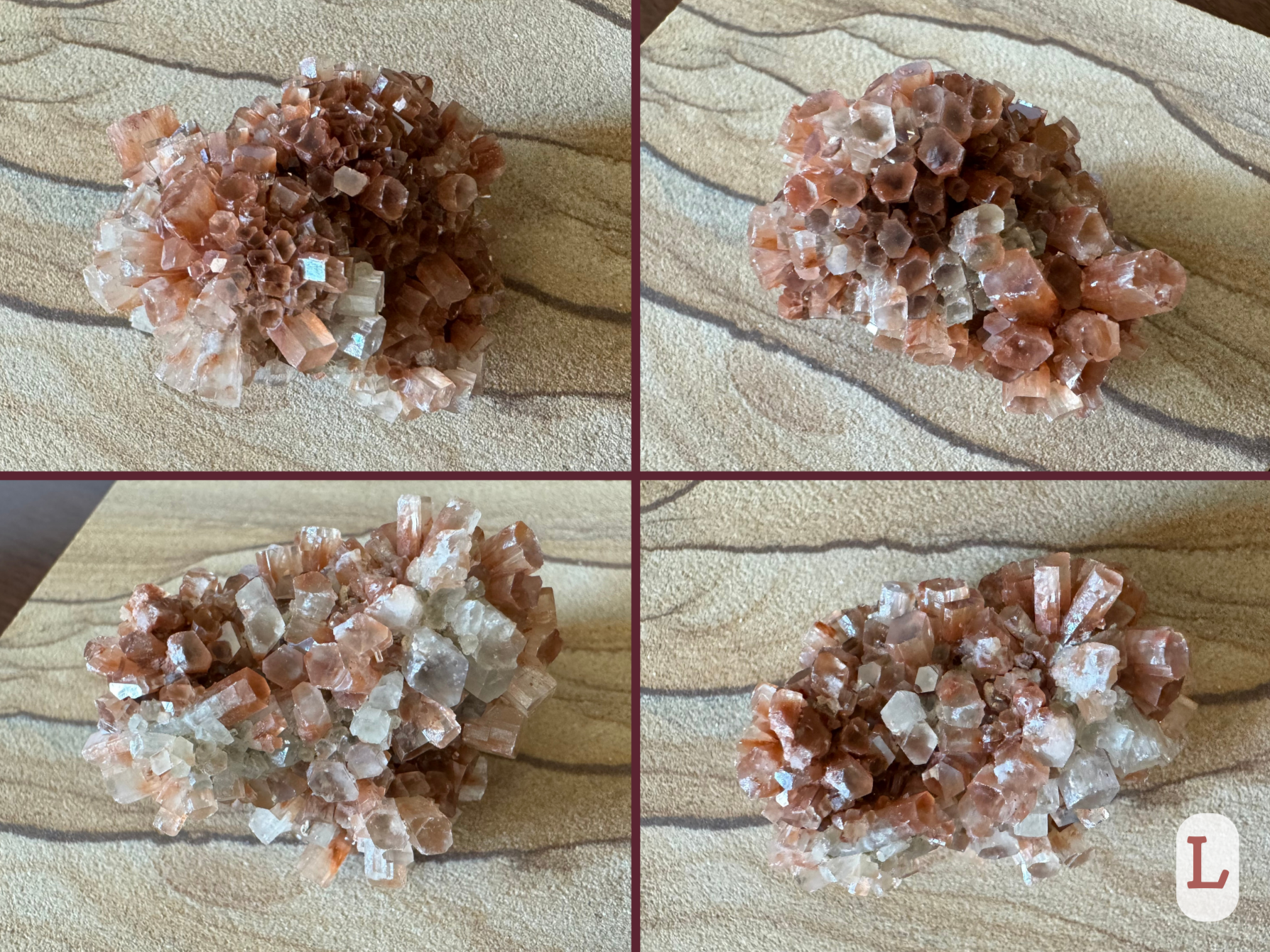 Option L, four views of a sausage-shaped sputnik aragonite with an irregular side, with crystals haphazardly pointing in all directions. The piece is mostly red-brown on one side, and mostly white on the other side. Well-formed crystals.