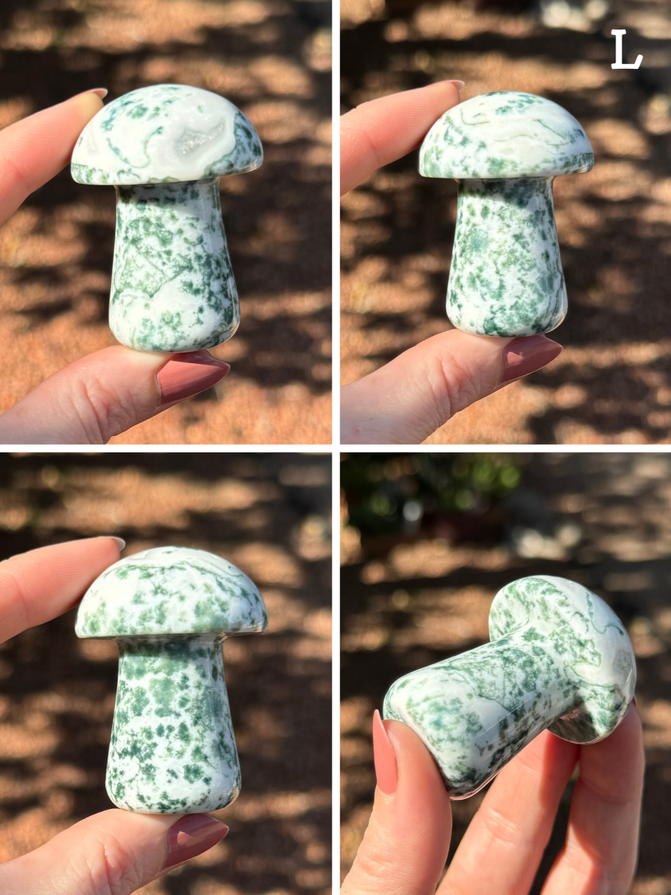 Option L, four views of a white agate mushroom with green splotches and dendritic patterns. On one side os the mushroom cap the agate has banding that turns translucent like a quartzy geode center started forming