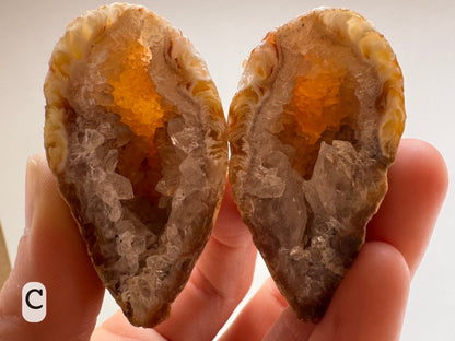 Option C: the geode pair held up to the light to illustrate it is semi-translucent