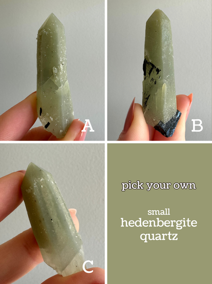 Preview of the three small hedenbergite quartz points, labeled "pick your own small hedenbergite quartz." All are six-sided straight points, opaque to semitranslucent and tinted a light green-gray. A and B have sprouting growth and black crystals. B doesn't have a perfect tip. C has small crystals on it