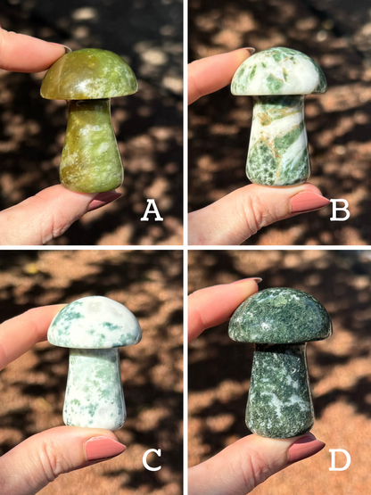 Four mages previewing options A through D. A is light green ad brown with white mottling; B white streaks with green; C mostly white with green mottling; D mostly dark green moss agate