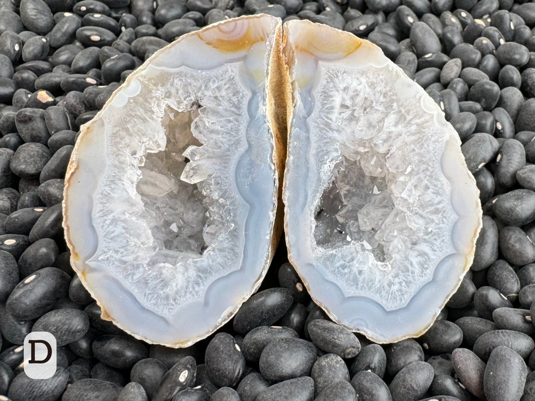 Option D: A teardrop-shaped geode pair, light off-white color agate borders with the interior lines with colorless quartz, and an orange ring pattern at the tip.