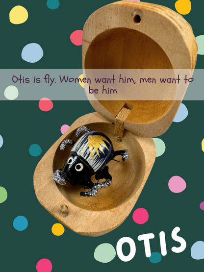 A black bug with white streaks and a gold burst, named Otis and captioned "Otis is fly. Women want him, men want to be him"