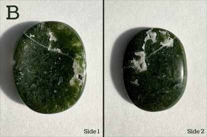 Option B, Deep mossy green and semi-translucent with some white patches, imperfection on one edge